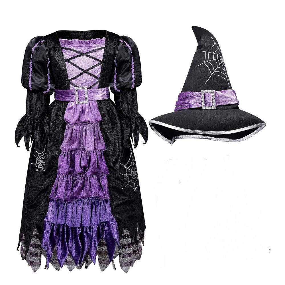 Girls Spooktacular Creations Purple Stripe Witch Costume Dress + Hat 5-7Y